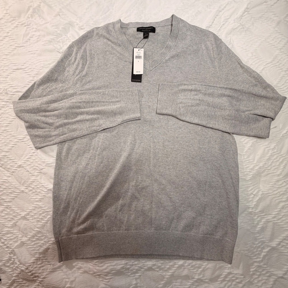 Banana Republic Soft Blend Sz Large Mens V-Neck Sweater Gray Cashmere Silk